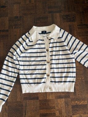 LINE Stripe Button-Front Cardigan Sweater in White and Navy